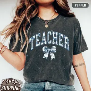 Comfort Colors® Teacher Blue Bow T-Shirt - Floral Design, Medium Fit, Perfect for Teacher Appreciation Gift, Summer Top for Women