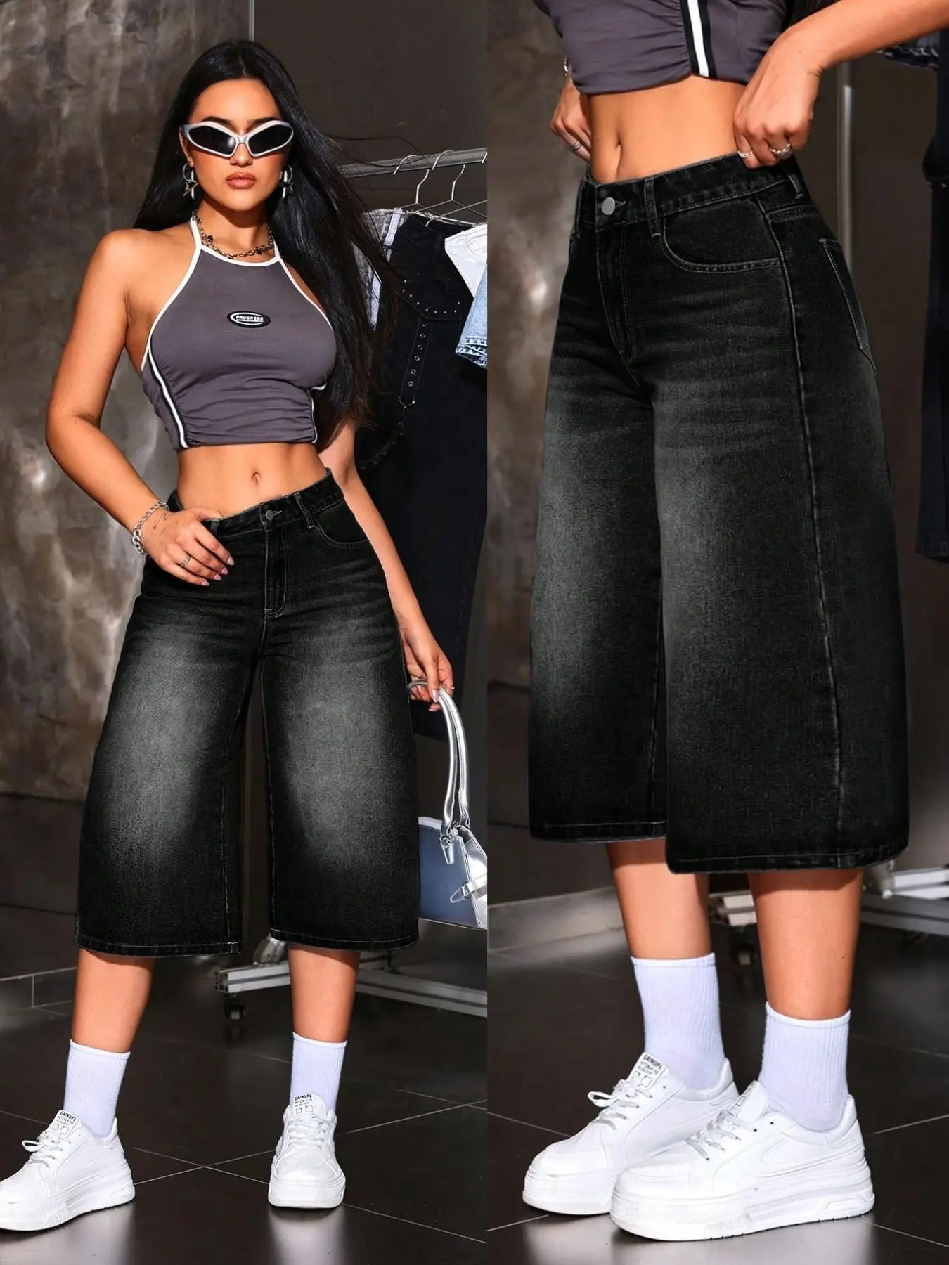 Gradient Wide Leg Denim Jeans Mid-Thigh Pants Women, Casual Loose-Fitting Baggy American Vintage Streetwear Style, Solid Pattern, Comfortable Fit, Bottom