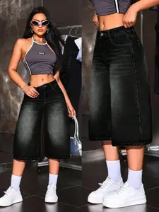 Gradient Wide Leg Denim Jeans Mid-Thigh Pants, Casual Loose-Fitting American Vintage Streetwear Style, Solid Pattern, Comfortable Fit