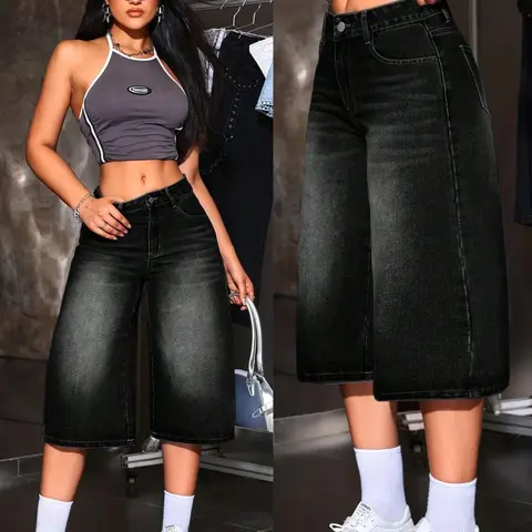 Gradient Wide Leg Denim Jeans Mid-Thigh Pants Women, Casual Loose-Fitting Baggy American Vintage Streetwear Style, Solid Pattern, Comfortable Fit, Fashion Jean Bottoms