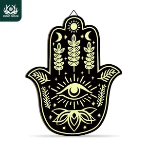 Hamsa Hand Shaped Wood Hanging Sign, 1 Count Palm with Eyes, Moon and Sun Patterns Wall Art Decoration for Home Farmhouse Cafe Coffee Shop Living Room