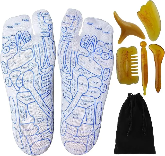 7-Piece Elastic Resin Foot Massage Sock Tool Kit - Independent Toe Separators, Acupressure Socks for Circulation, Muscle Tension Relief - Body Care Foot Massager for Plantar Fasciitis, Storage-Friendly Gift Option