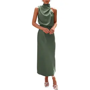 PrettyGarden Women's Summer Satin Dress Elegant Sleeveless Mock Neck Cocktail Party Maxi Dresses