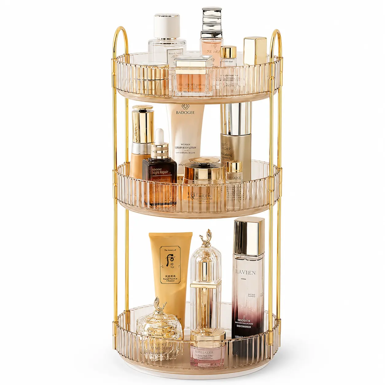 3 Tier 360 Rotating Makeup Organizer for Vanity, Large Capacity Clear Acrylic Skincare and Perfume Storage, Spinning Cosmetic Organizer with Lipstick Holder, Bathroom Countertop Dresser Organizer, Birthday Gift for Women