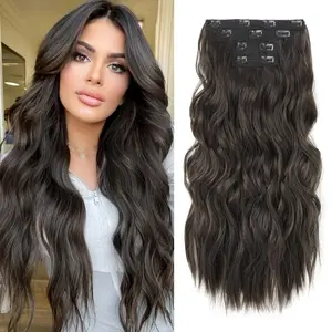 Hair Extensions, 4 count Clip in Hair Extensions 24" Thick Long Beach Waves Dark Brown hair extensions HE003 Invisible Lace Weft  Soft Synthetic Hairpieces for Women - Dark Brown