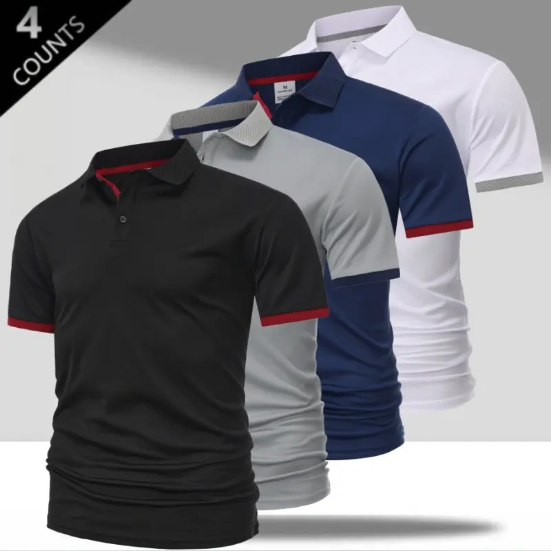 Men’s 4-Pack Quick-Dry Polo Shirts with Contrasting Collar & Cuffs – Cool-Touch Mesh, Breathable, Moisture-Wicking, Stretch, Anti-Pill, Flattering Fit