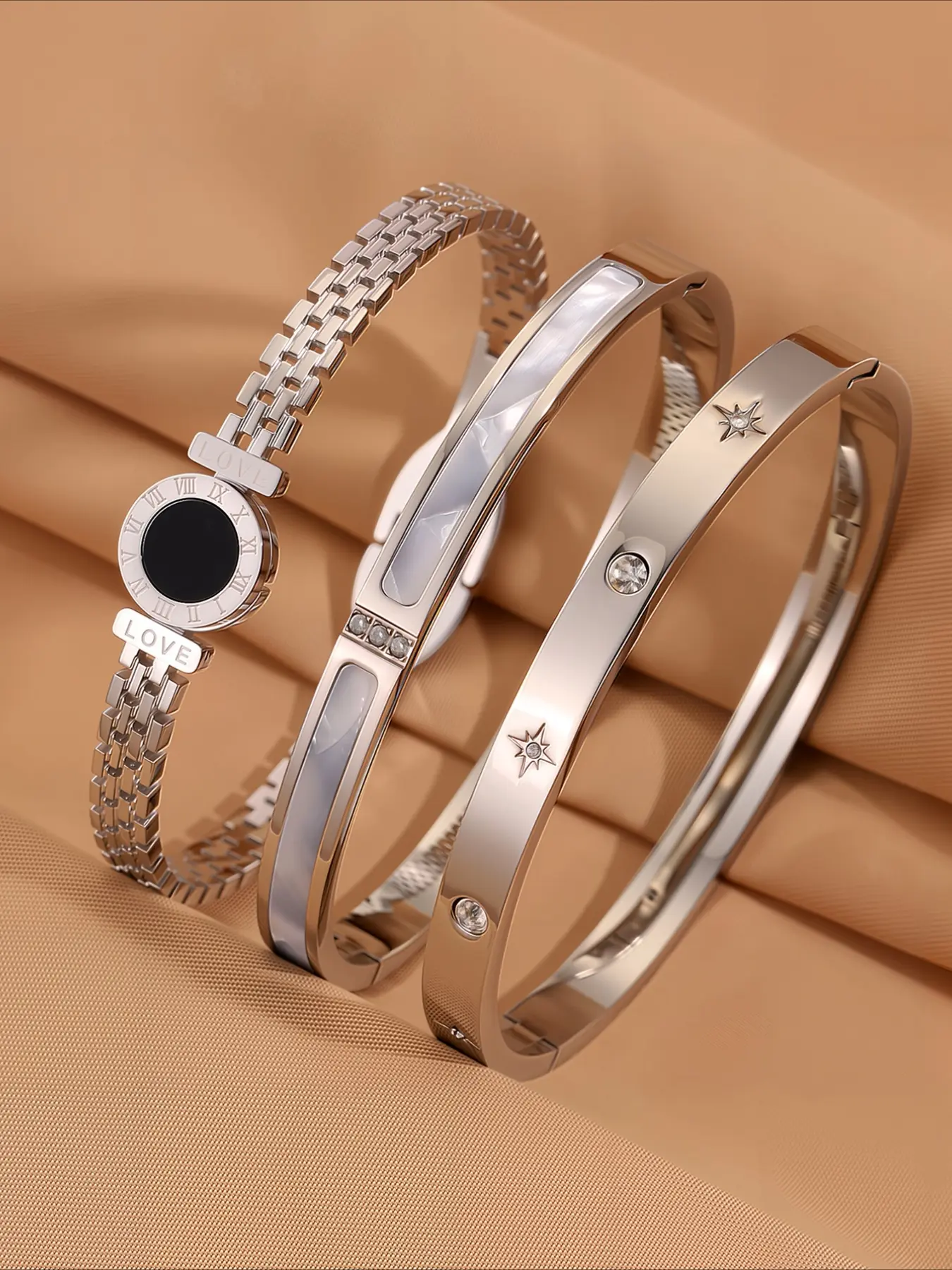 3pcs exquisite and fashionable stainless steel bracelet set, uniquely designed, perfect for dates, parties, gatherings, and daily commuting, making it an ideal gift to express love, Elegant Jewelry Bracelet