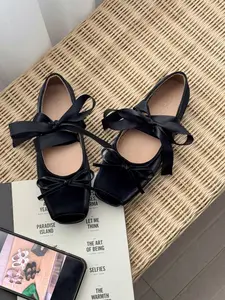 Women's Elegant Square Toe Mary Jane Shoes, Bow Ribbon Strap Ballet Flat, Versatile Soft Sole Commuter Loafers