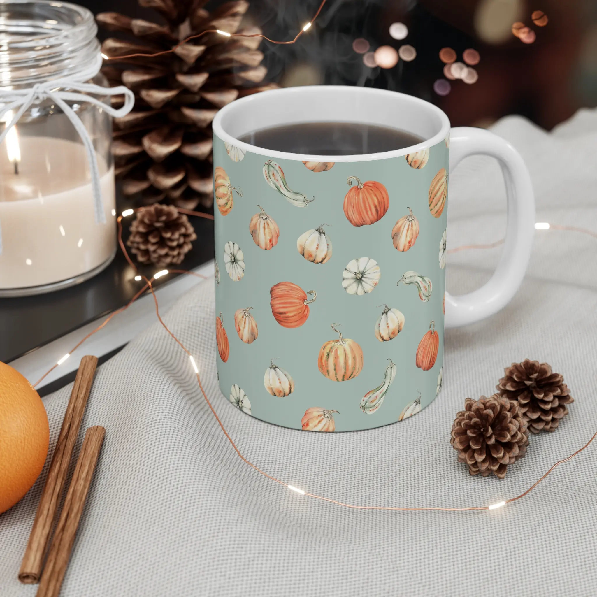 Autumn Harvest Mug, Fall Decor, Pumpkin Spice Coffee Cup, Thanksgiving Gift, Cozy Kitchenware Ceramic Drinkware Stylish Tea Beverage Tumbler Washable Reuse