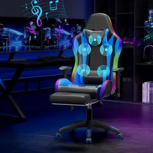【LED Chair】Mr IRONSTONE Massage Gaming Chair 7-Point, Office Chair with Footrest and Lumbar Support, Adjustable Seat Height Ergonomic, 177° Reclining Max, Pink