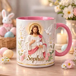 Personalized Jesus Mug, 2D Printed 3D Effect Faux 3D Custom Name Ceramic Coffee Cup with “He Is Risen” Christian Easter Design for Her, Moms and Faith Believers, Perfect for Easter Celebration, Daily Devotion and Religious Gift Keepsake