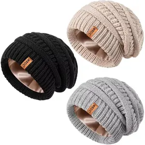 3 Pack Satin Lined Beanie for Women, Warm Slouchy Winter Hats with Silk Lined, Fashionable Oversized Cable Knit Hat Skull Cap beanie hat