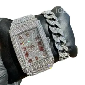 Men Full Iced Bling Out Rectangle Heavy Gold Plated Dial Luxury Rhinestone Diamond Hip Hop Party Watch, Cuban Link Bracelet Gift Set