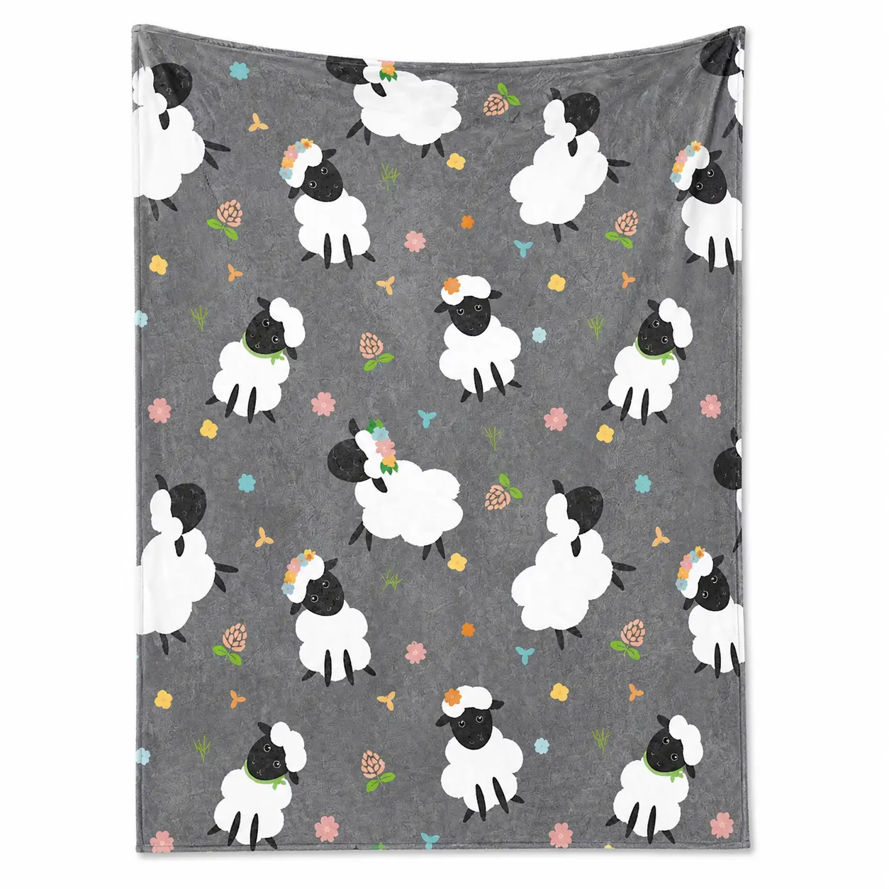 Cute Floral White Sheep Gray Background Flannel Throw Blanket, Soft Fuzzy Plush Blanket for Bed Couch Nursery, All Season Cozy Warm, Sweet Pastoral Farm Gift for Animal Lovers, Whimsical Countryside Floral Lamb Pattern Cottagecore Bedroom Living Room