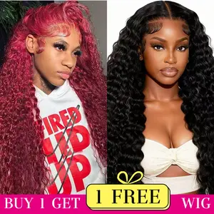[Combo sale 28"&22"] buy 1 get 2 wig" 28Inch 13x4 Deep Wave Hair Lace Front Wigs +13x4 22lnch Jerry Curly 99j Human Hair Hair Pre Plucked HD Transparent Lace FrontalHuman Hair Wigs 180% Density Black Fabric Hair Elastic