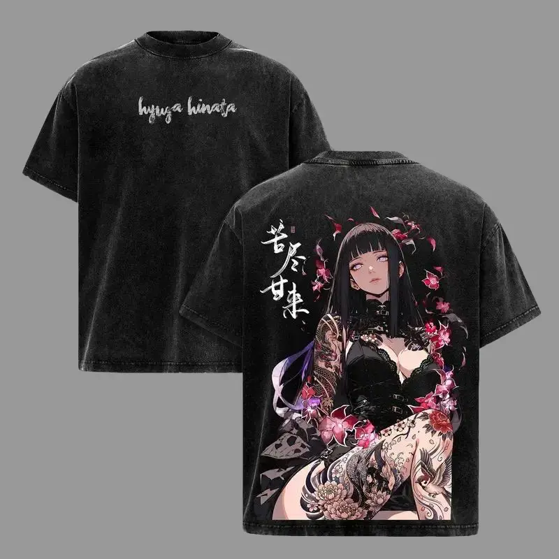 Men's Oversized Heavy Cotton Shortsleeve Round Neck T-Shirt - Menswear Top, Naruto Hinata Hyuga Byakugan Princess Hyuga Clan, Gothic Tattoo Art Vintage Washed Graphic Streetwear Tee