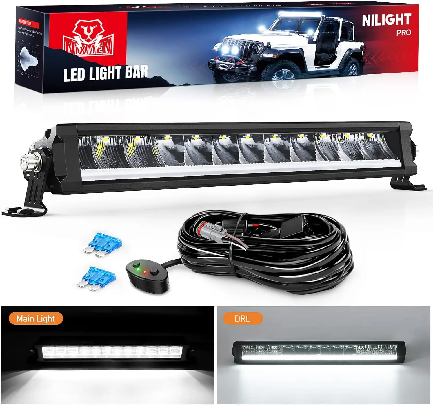 Nilight 15.5-Inch 60W Car Light Bar, 6650LM Flood & Spot Combo with DRL & Anti-Glare, IP68 Waterproof LED Work Light, DT Wiring Kit for Trucks, Jeeps, Light Bar Car