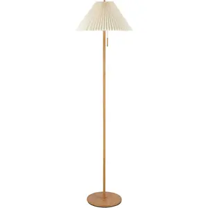 61000053 62" Floor Lamp, Wood-Toned Finish, Pleated Fabric Shade, Pull Chain Switch, Reading Light, E26 Base, Modern Classic Lighting for Living Rooms and Bedrooms