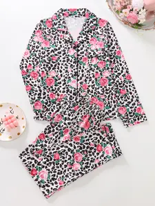 Women's Leopard Print Button Front Pocket Shirt & Pants Pyjama Two-piece Set, Elegant Comfy Long Sleeve Top & Trousers PJ Set, Ladies Sleepwear for All Seasons, Pajama Set
