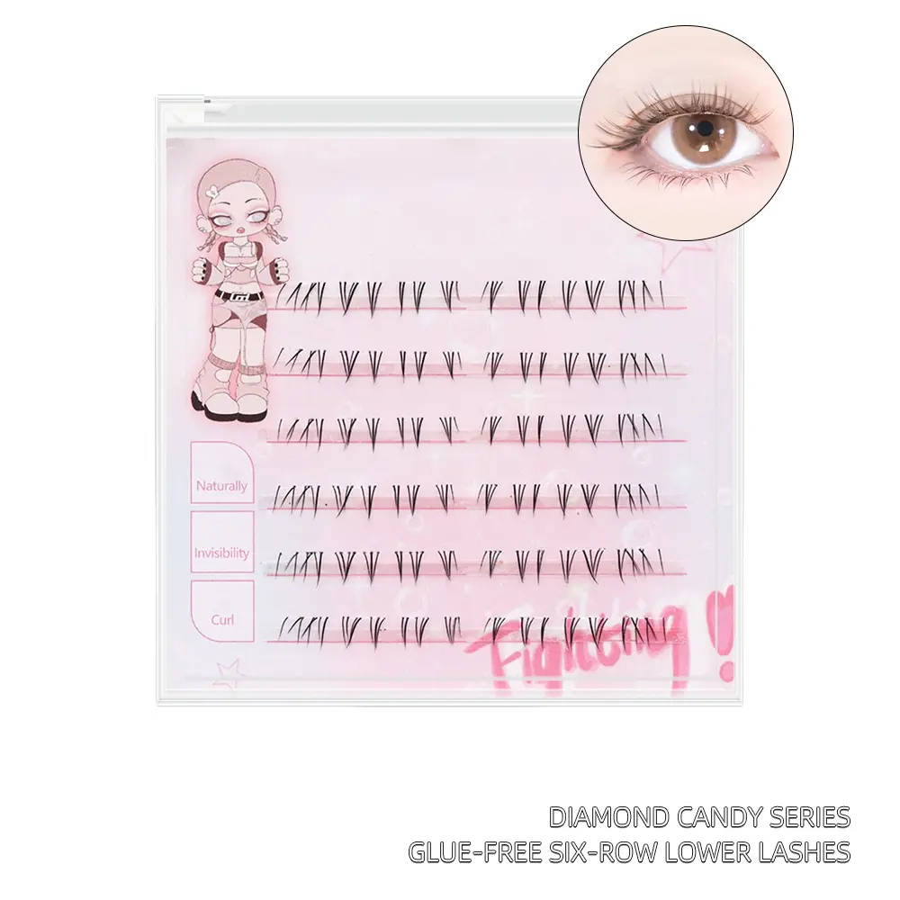 Fake Eyelashes Clusters, Individual Lashes Cluster, 48 clusters of glue-free, Glueless Lower Lashes with C-curl false eyelashes, natural segmented transparent stems, suitable for beginners, perfect for on-camera and daily use