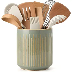 Kitchen Utensil Holder, Ceramic Stable Utensil Crock for Countertop, 7.2" Large Utensil Organizer with Cork Mat, Removable Bamboo Divider for Kitchen Décor and Accessories