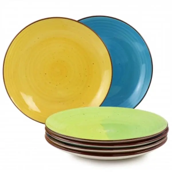 Elama ELM-SEBASTIAN6 Sebastian 6-Piece Round Stoneware Dinnerware Set, Colorful Brush Swirls, Brown Edges, Gloss Finish, Dishwasher Safe, Mix Match Assorted Colors