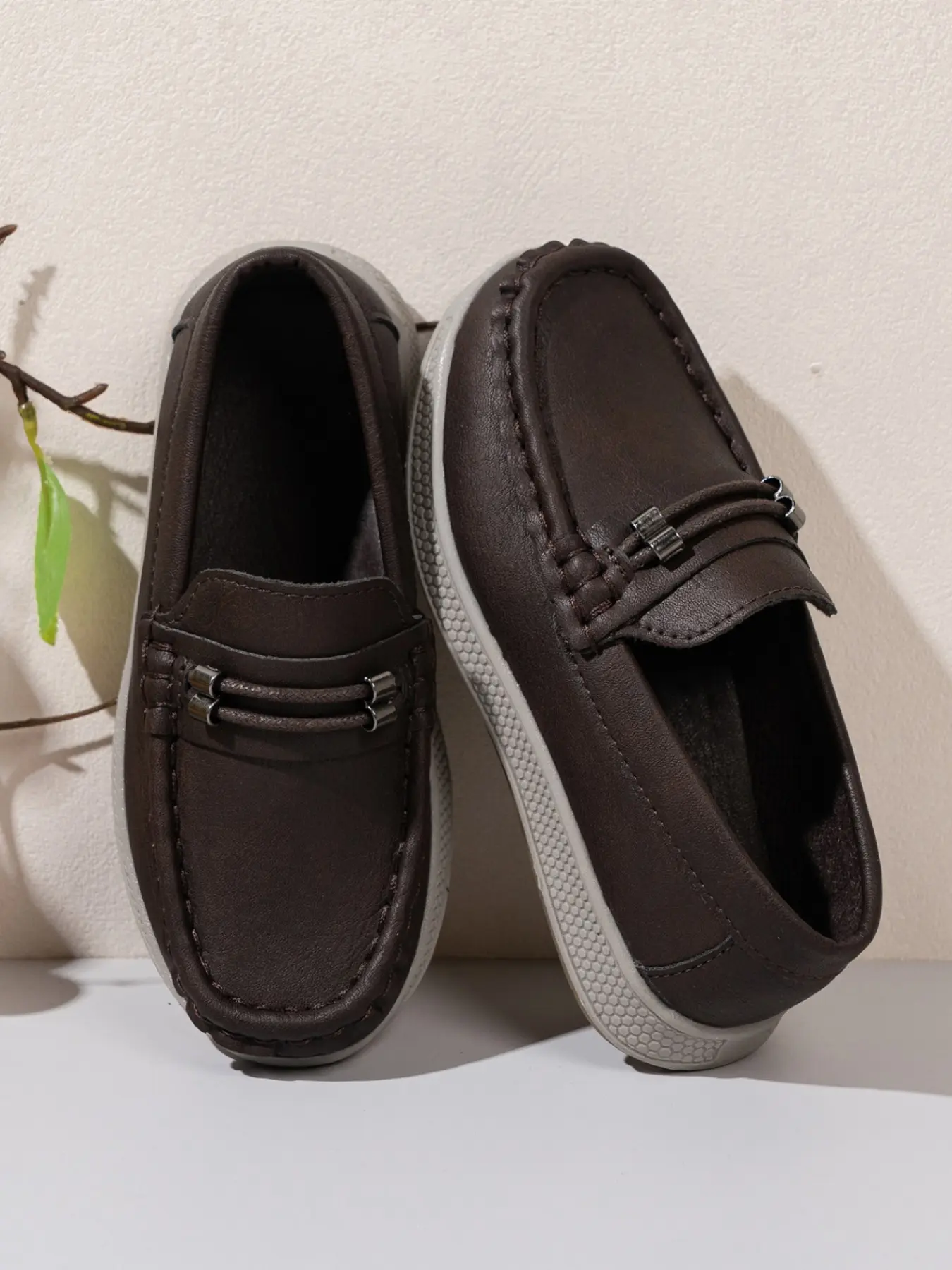 Kids Decorative Metal Accent Slip-On Loafers, Flat Shoe, Soft Faux Leather Non-Slip Moccasins, Preppy Casual Shoes for Toddler Boys, All Seasons