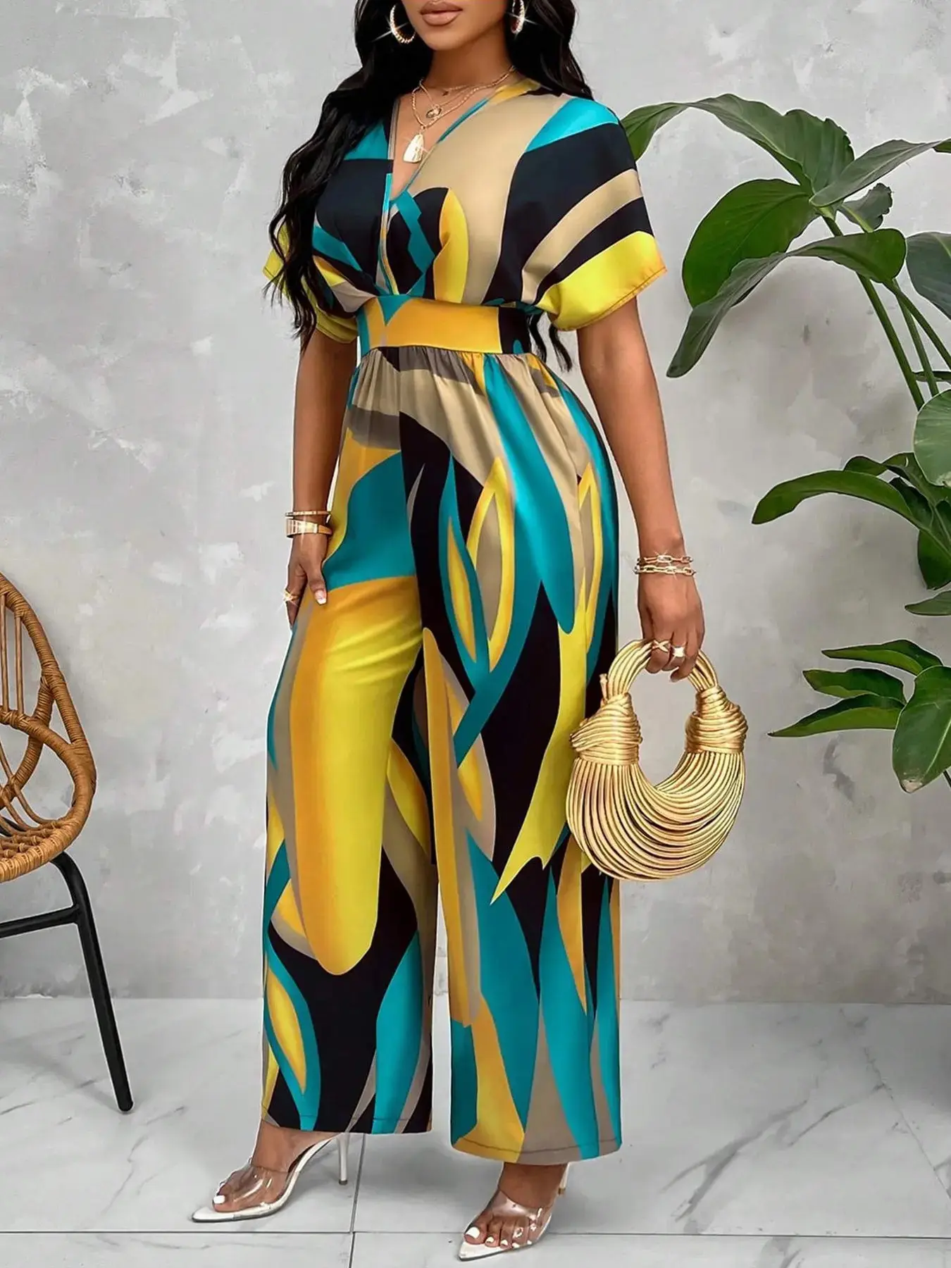 Women's Batwing Sleeve Waist Cinched Jumpsuit V Neck Colorblock Geometric Print Wide Leg Non-Elastic Casual Vacation Wear, Summer Fashion Smooth Fabric