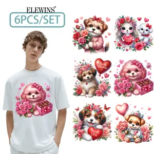 6 Pcs Washable Vinyl Iron-On Stickers, Watercolor Dog Design, DIY Valentine's Day Multicolor Patch, for T-Shirts, Hoodies, Jeans, Backpacks, Pillows