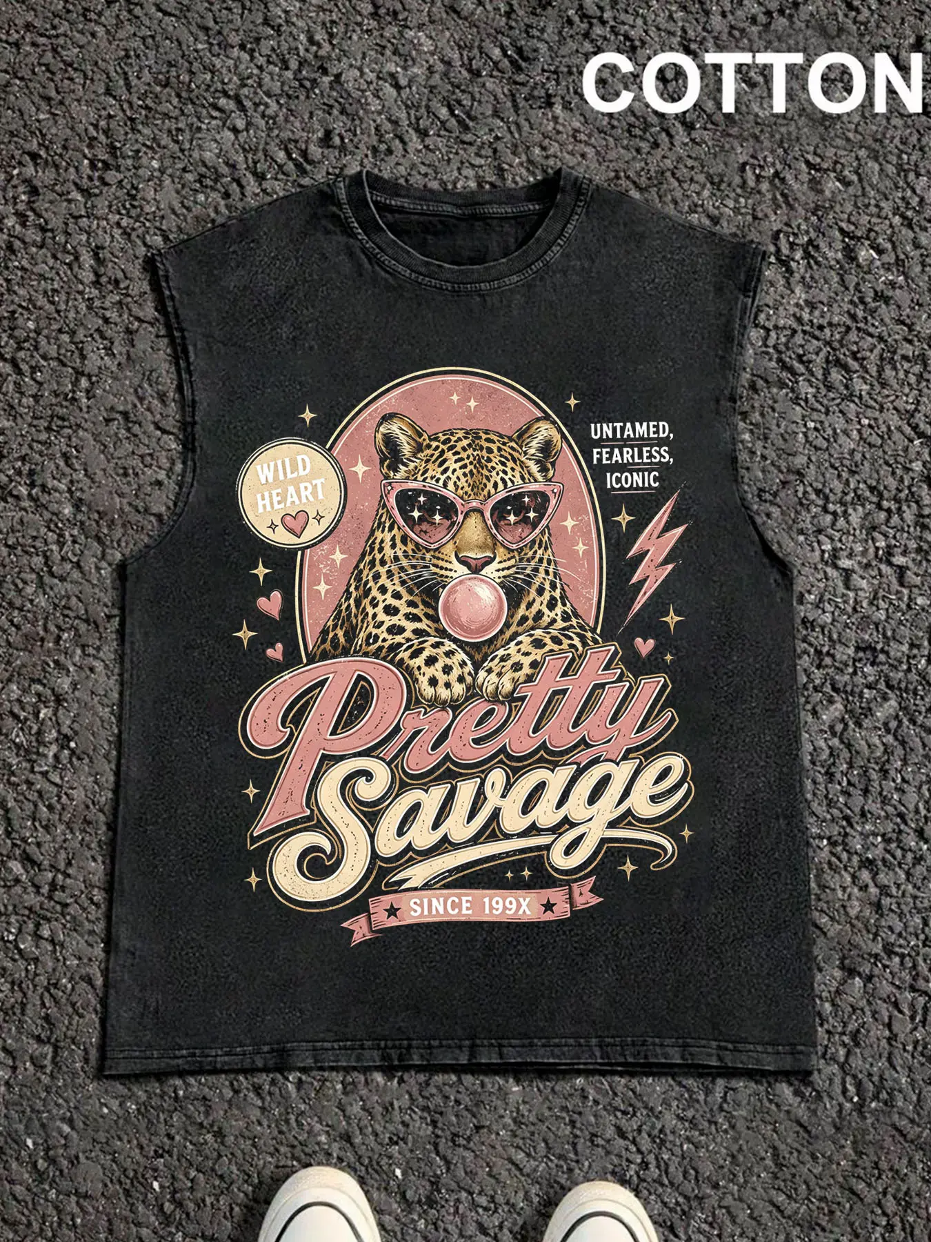 1 piece loose-fit pure cotton tank top with a washed vintage look and graphic print featuring leopard, heart, and lightning bolt motifs plus bubblegum elements; unisex, suitable for all seasons; ideal for beach trips, Halloween, Christmas, music festivals