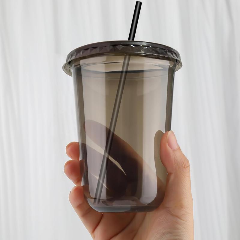 100 Set 16oz（500ml） Black Clear Plastic Cups with Lids & Straws for Iced Coffee Slushie Smoothie Lemonade Party Coffee Shop Supplies Round Bottom To-Go Cups for Cold Drinks