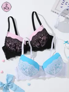 2PCS Women's Lace Underwire Push-Up Bra, Adjustable Bras, Medium Support Lift and Anti‑sagging Lace colorblock Patchwork Adjustable Straps, Elegant, Comfortable Breathable, Daily Wear, Dates