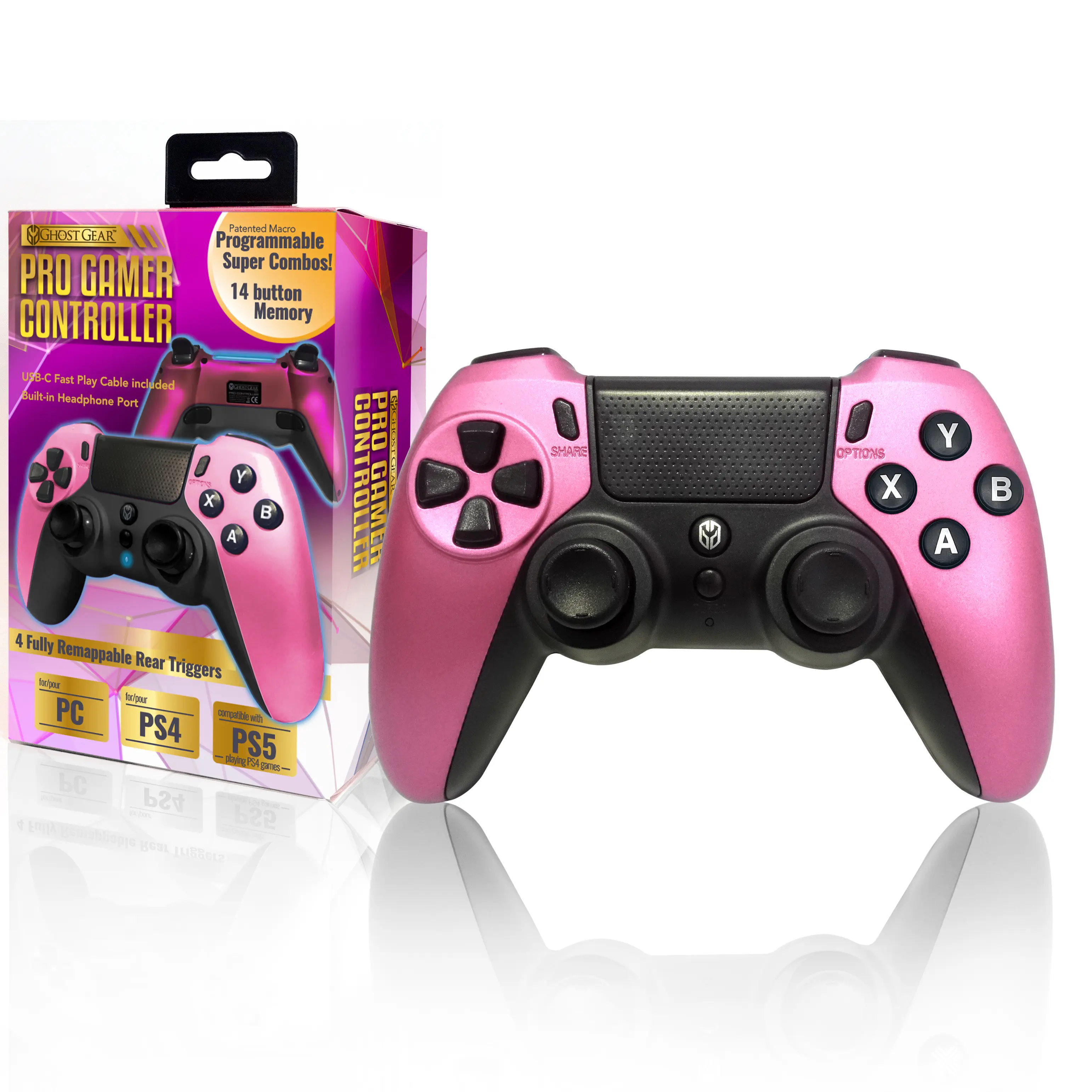 Ghost Gear PS4 Wired Pro Controller in Metallic Pink - High-Speed USB-C, Four Programmable Rear Triggers, 14-Button Command Recording & 360-Degree Menu Selection