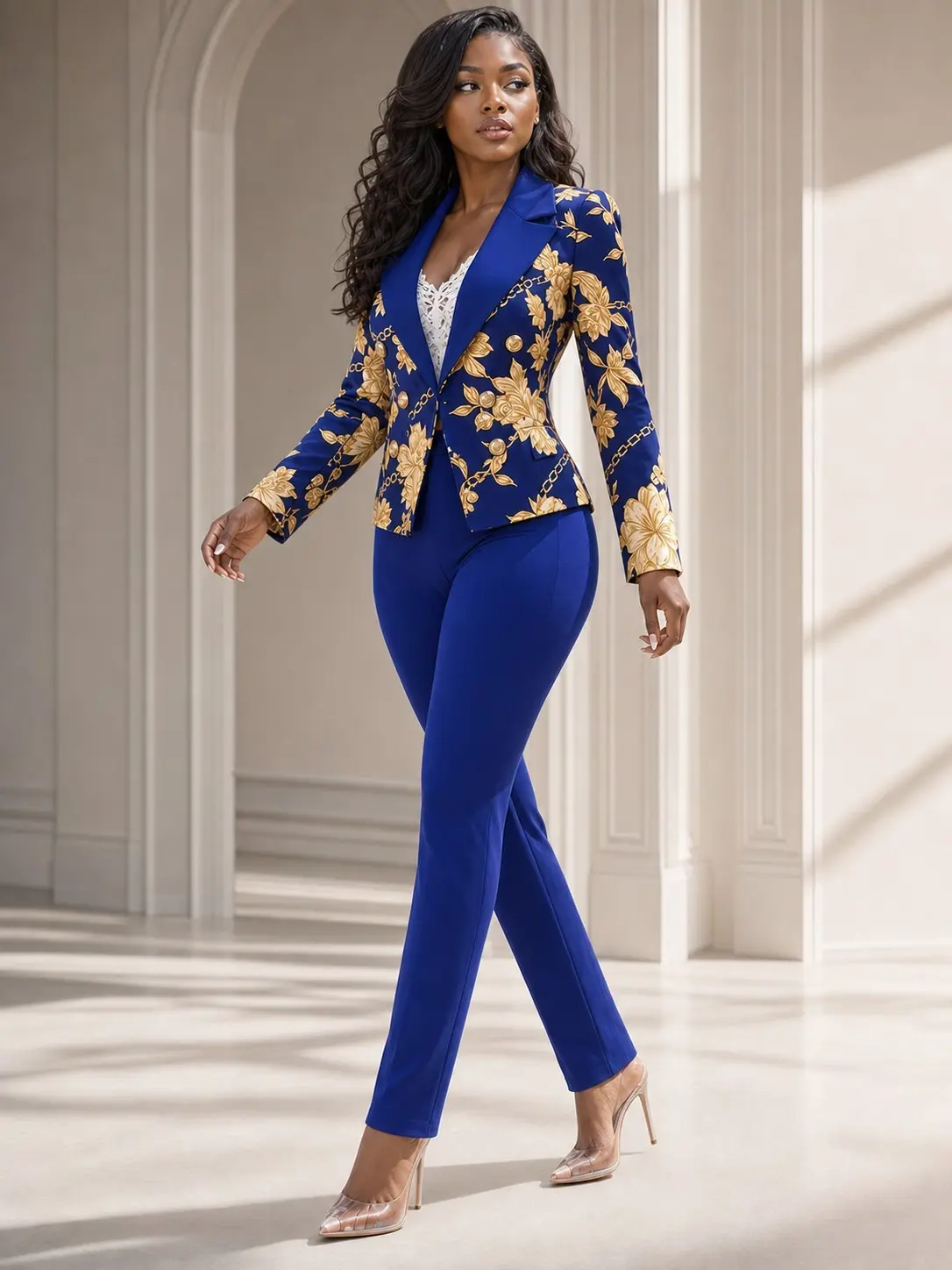 2025 New Lady's Elegant High-End Floral & Chain Print Fitted Long Sleeve Fashion Chic Slim Suit Set - Machine Washable, Suitable for All Seasons