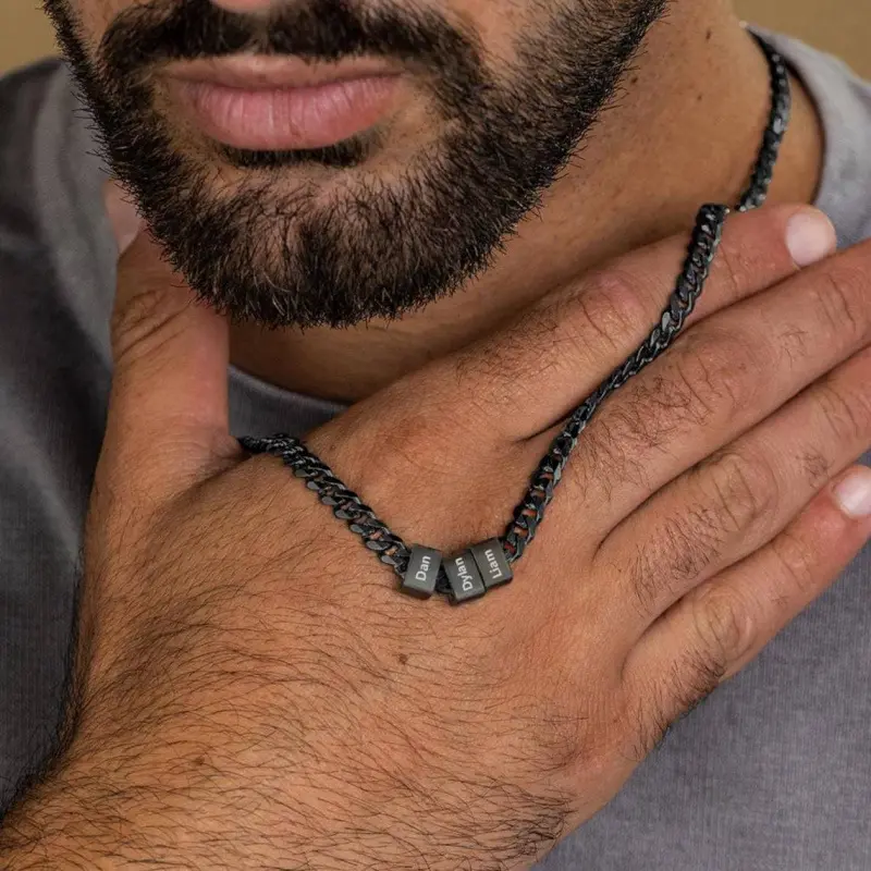 Personalized Black Cuban Link Necklace with Custom Engraved Name Beads, Unisex Stainless Steel Statement Jewelry, Hip Hop Twist Link Chain for Men Women
