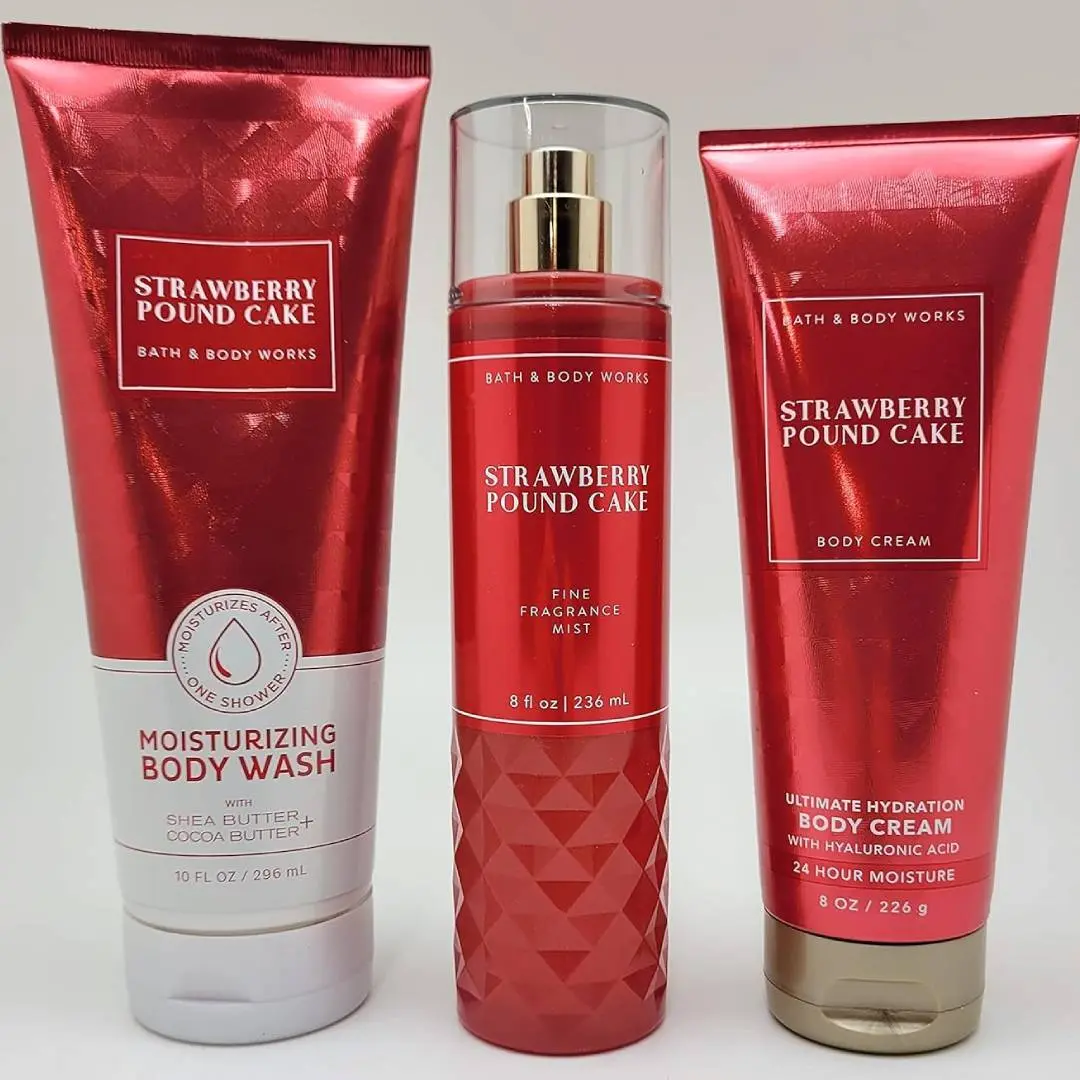 SALE - Bath & Body Works - Strawberry Pound Cake - Bundle -3 items - Moisturizing Body Wash, Ultimate Hydration Body Cream and Fine Fragrance Mist - Spring 2022