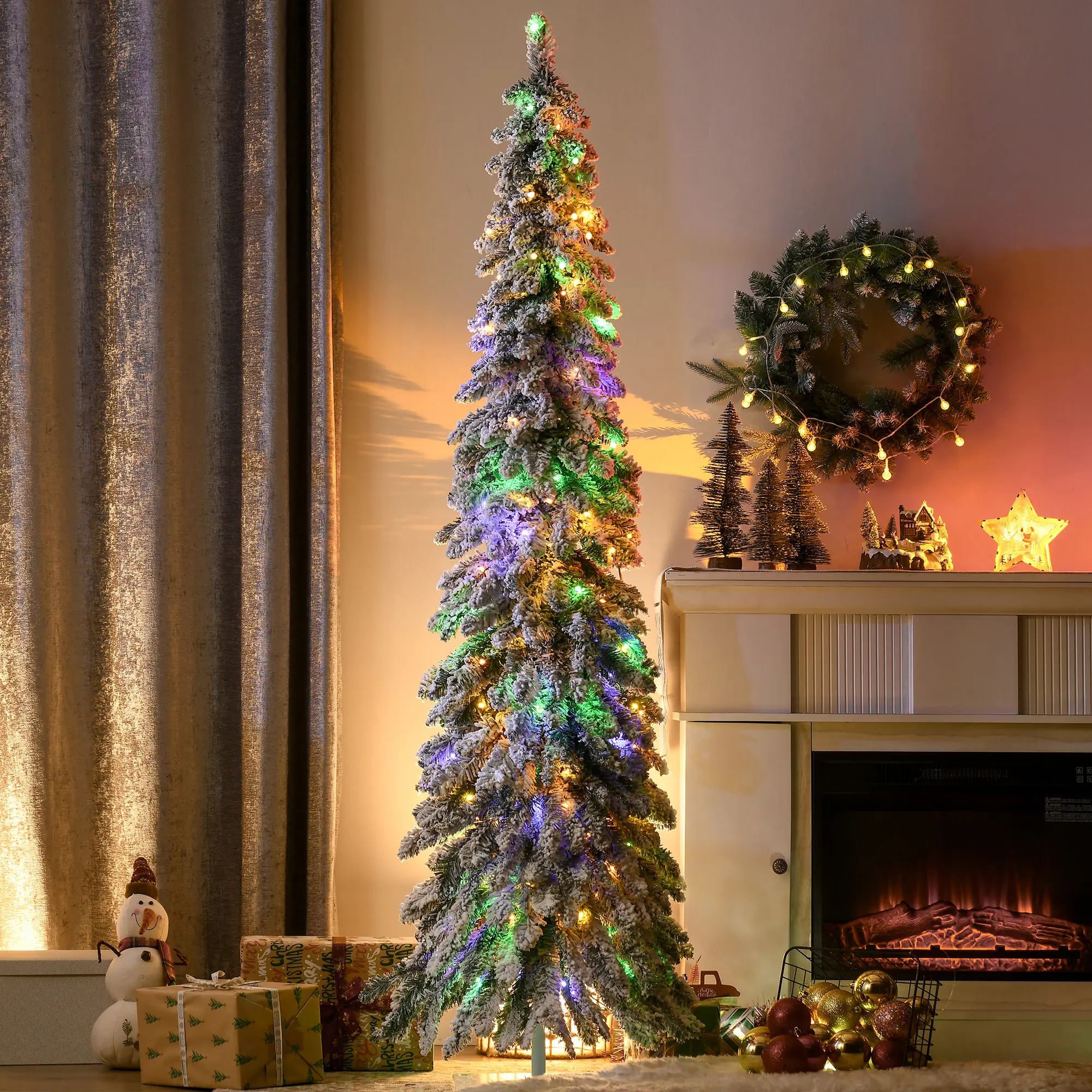 HOMCOM 4ft-7ft Tall Prelit Pencil Artificial Christmas Tree Holiday Décor with Snow Flocked Branches, Warm White or Colorful LED Lights, Downswept Shape