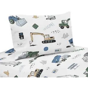 Sweet Jojo Designs Boy Kids Twin Sheet Set Construction Truck Green Blue and Grey 3pc.