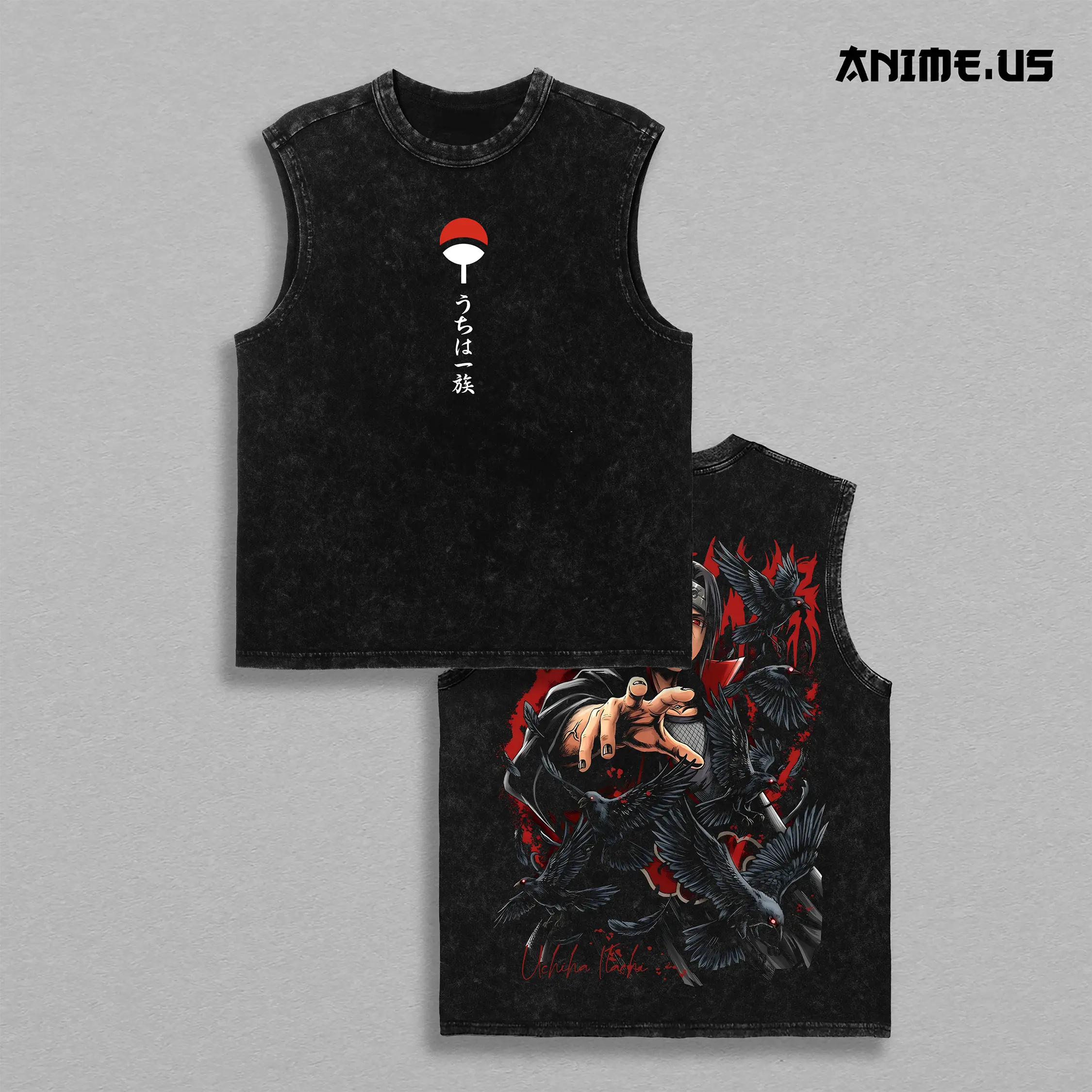 Crimson Crow Shinobi Naruto Anime Graphic Vintage Tank Top, Cursed Eye Illusion Master Sleeveless Gym Muscle Tank Heavyweight Cotton Japanese Anime Streetwear