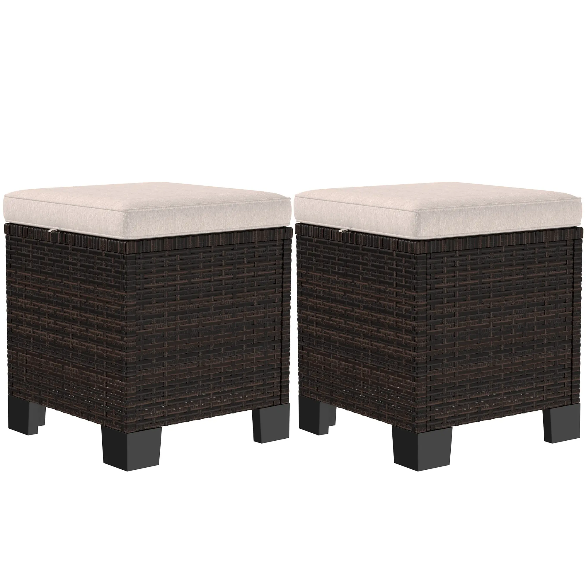 Set of Two Square Cream Wicker Ottoman Cubes for Backyard Deck Rooftop Use as Extra Seating Footrest or Coffee Table Plastic Rattan UV Weather Resistant for RV Camping Trip