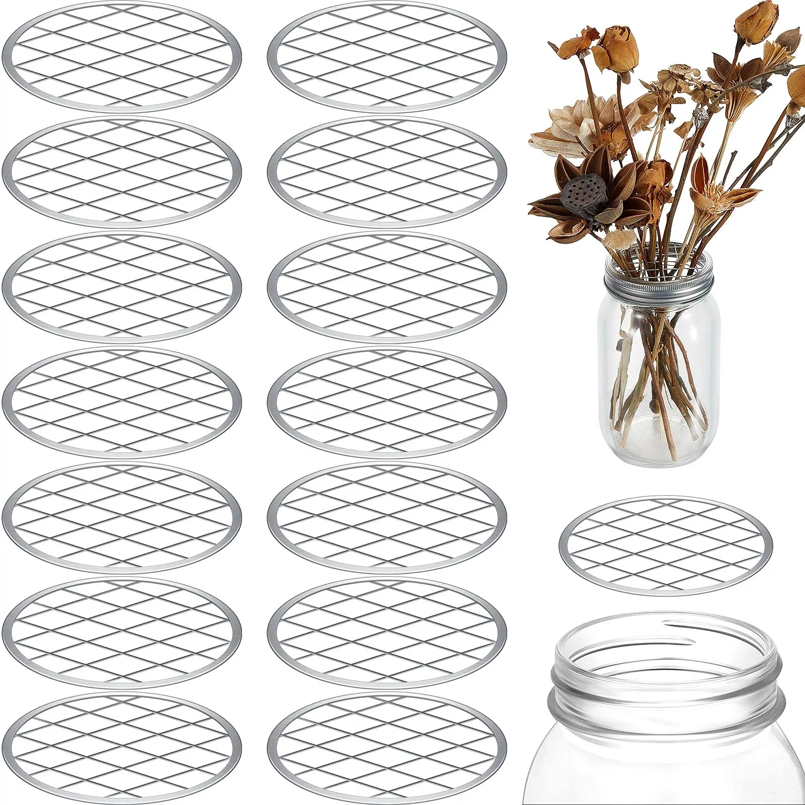 15 Pcs Mason Flower Jar Insert Lid for Wide Mouth Mason Canning Jars Flower Lid Insert Mason Grid Flower Organizer Lid Insert Mason Jar Lids with Straw Hole,Christmas Party Gifts,Hand Tools Kits