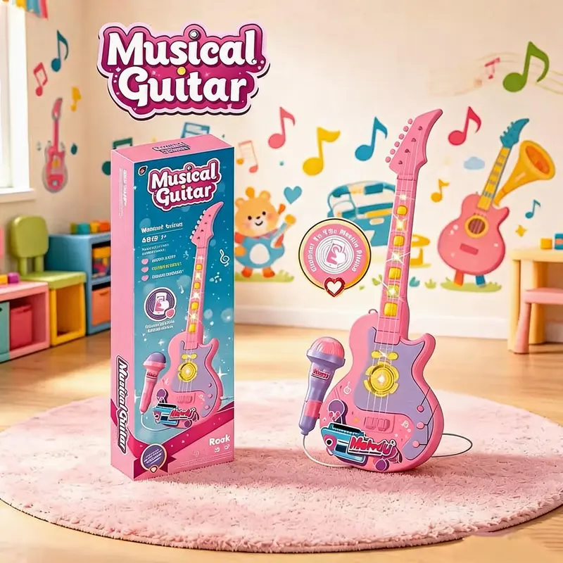 Merophone Instrument Kid's Portable Kpop Guitar & Karaoke Microphone Toy Set with LED Lights ...