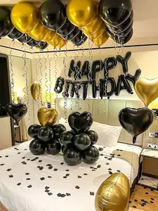Black & Gold "HAPPY BIRTHDAY" Balloon Set – 47pcs with Foil & Latex Balloons, Heart-Shaped Balloons & Glue Dots