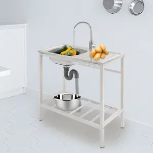 Freestanding Stainless Steel Sink with 360° Swivel Faucet Portable Hand Washing Station for Home Kitchen Outdoor Garden Restaurant Vegetable Fruit Dish Cleaning 35x31x13cm Basin 30kg Capacity