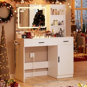 HOMMPA Vanity Desk with Mirror and Lights 41.3“W Makeup Desk with Drawers and Storage Modern Vanity Table with Lighted Mirror Makeup Table with Outlet Dressing Table with Glass Top for Bedroom White
