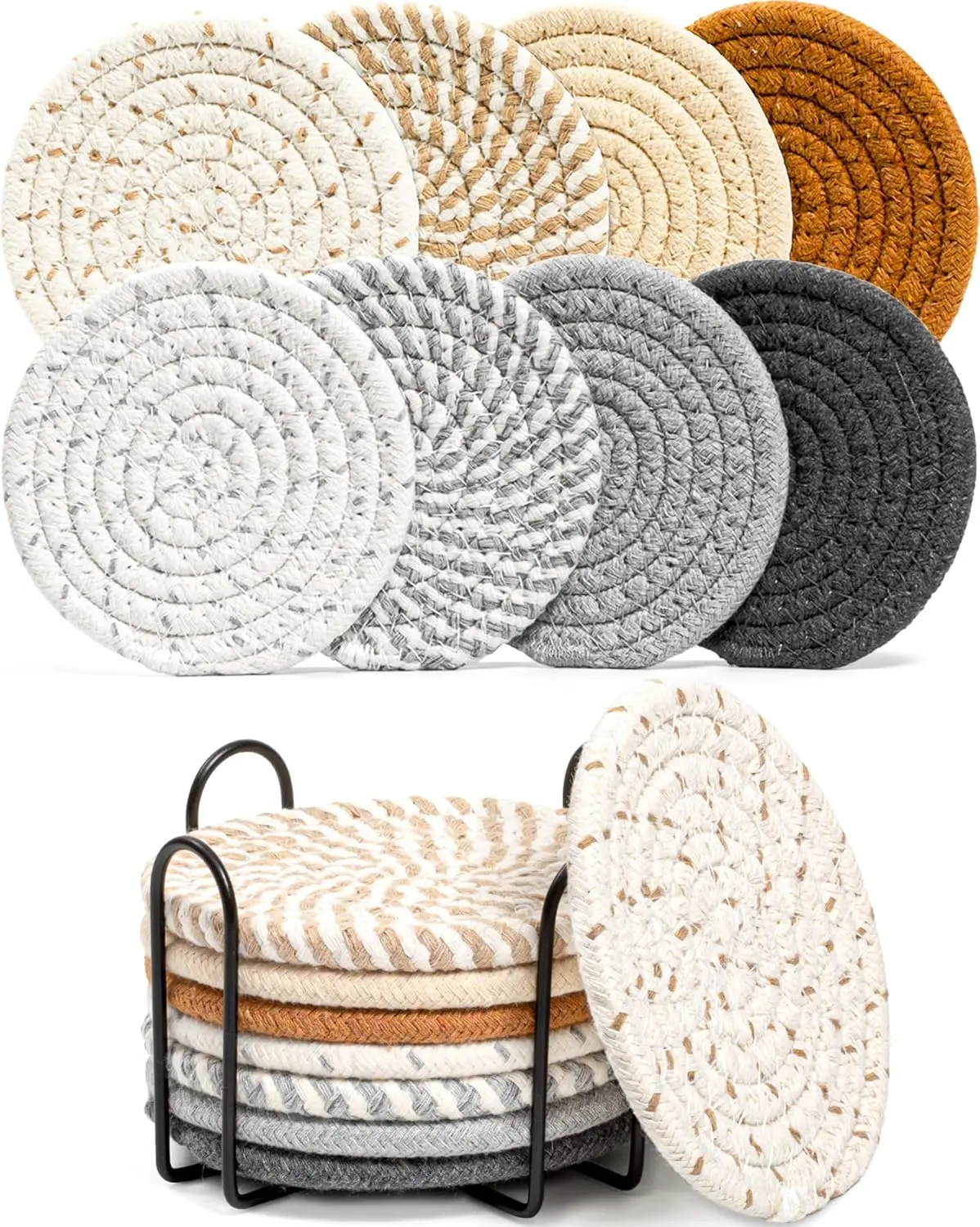 8 Pcs Drink Coasters with Holder, Absorbent Coasters for Drinks Minimalist Cup Coasters Cotton Coaster Set Woven Coaster for Coffee Table Home Decor Bar Housewarming Gift, 4.3 Inch