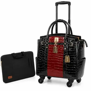 Women's Rolling Briefcase with Wheels, Laptop Compartment - Red and Black Business Tote Bag