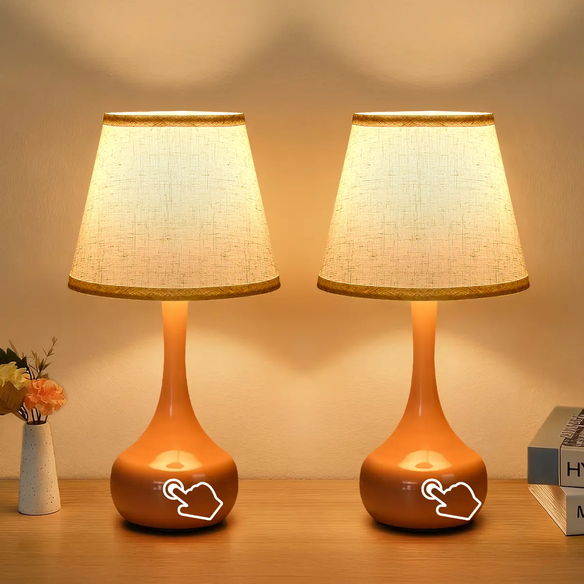 2 Pack Touch Control Table Lamps, 3-Way Dimmable Modern Ceramic Nightstand Lamps with Linen Shades, Glossy Finish, Includes 2 x 6.5W E26 3000K Warm White LED Bulbs for Bedroom, Living Room