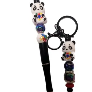 PANDA AUTISM BEAR Beaded Pen MATCHING KEYCHAIN OR PURSE CHARM with Black Ink Extra Refill Included Bead Topper Awesome Sping GLO UP Gift Item