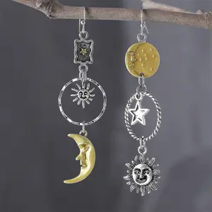 Vintage Boho Sun Moon Star Asymmetric Dangle Earrings for Women, Silver Gold Plated Celestial Witchy Gothic Earrings, Ins Trendy Tarnish Resistant Hypoallergenic Daily Party Cosplay Fashion Jewelry